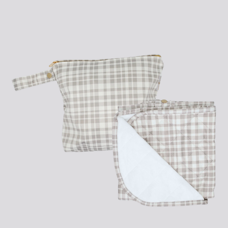 All plaid out, change mat, wet bag, bundle deal. Gender neutral, baby shower gift idea