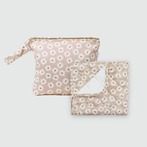 wet bag and luxe change mat in wild daisy greige print. High quality baby products
