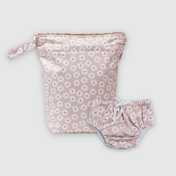 Bebe Hive Luxe resuable wet bag and swim nappy combo in lilac ash wild daisy print.